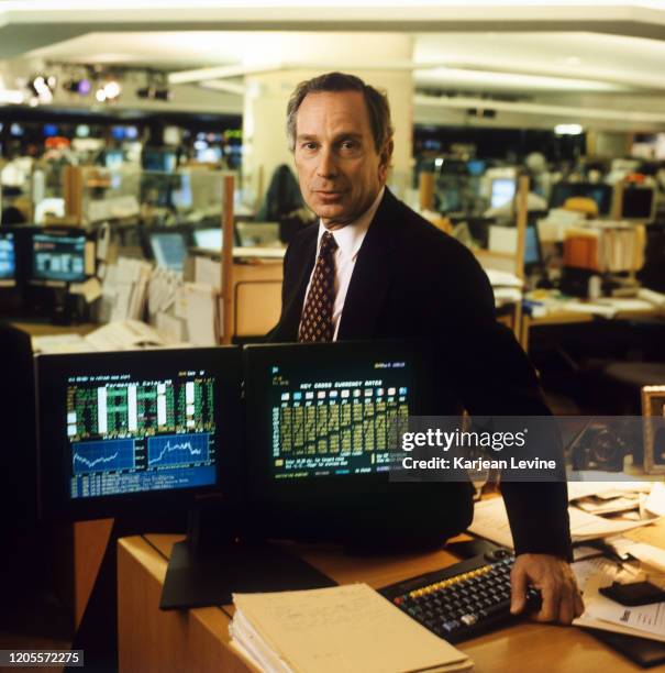 Businessman Michael Bloomberg with a pair of Bloomberg Terminals on October 31, 1997 in New York City, New York.