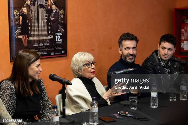 Irene Soler, Concha Velasco, Pepe Ocio and Emmanuel Medina attend the presentation of 'El Funeral' at Teatre Borras on February 11, 2020 in...