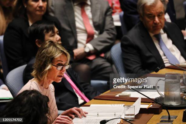 Kelly Craft, the United States Ambassador to the United Nations, speaks after Palestinian President Mahmud Abbas at the UN Security Council in New...