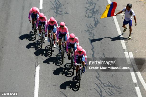 Rigoberto Urán of Colombia and Team EF Pro Cycling / Lawson Craddock of The United States and Team EF Pro Cycling / Sergio Andres Higuita Garcia of...