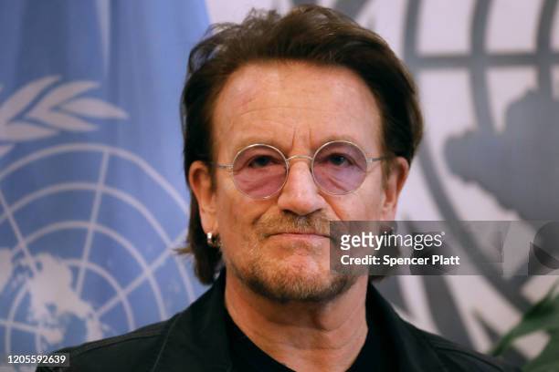 The musician and social activist Bono meets with António Guterres, the Secretary-General of the United Nations , February 11, 2020 in New York City....