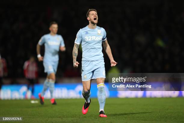 Liam Cooper of Leeds United celebrates after scoring during the Sky Bet Championship match between Brentford and Leeds United at Griffin Park on...
