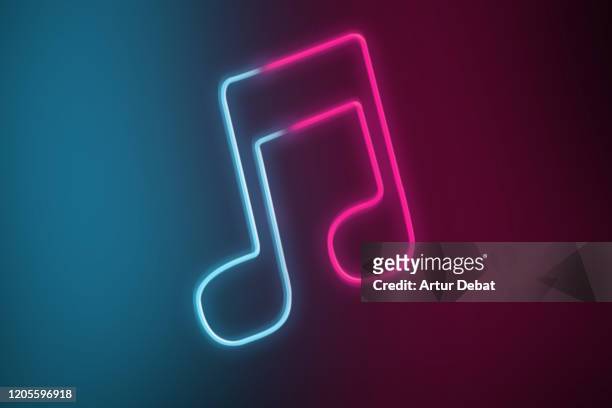 neon light of musical tone with red and blue colors. streaming music services for mobile devices. - musik stock-fotos und bilder