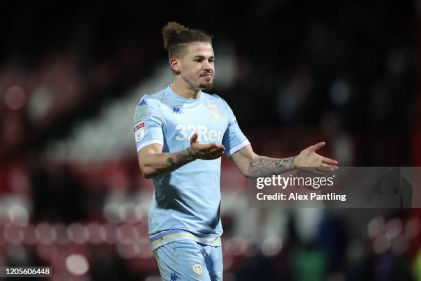 Kalvin Phillips of Leeds United gestures to Leeds fans after the Sky Bet Championship match between Brentford and Leeds United at Griffin Park on...