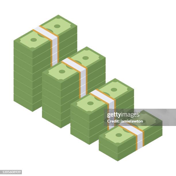 stockillustraties, clipart, cartoons en iconen met afnemende isometrische stapels amerikaanse dollarbiljetten geïsoleerd op een witte achtergrond - verlies, negatieve groei - eén dollar