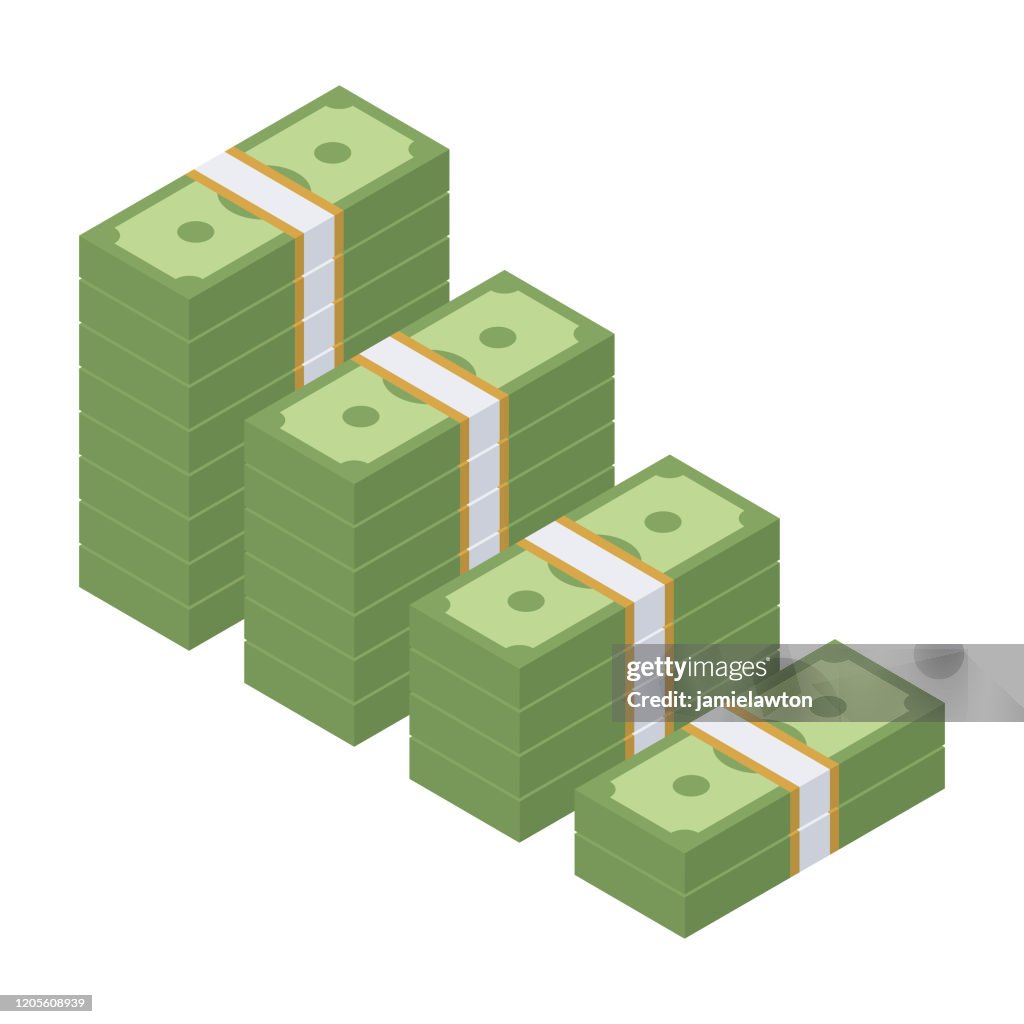 Decreasing Isometric Stacks Of American Dollar Bills Isolated On A ...