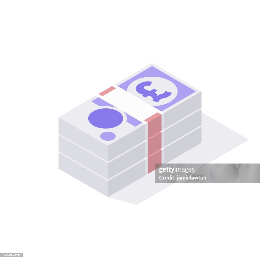 Isometric Stack of British GBP 20 Pound Sterling Notes Isolated on a White Background