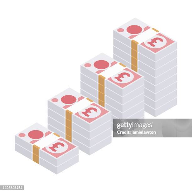 increasing isometric stacks of british gbp 50 pound sterling notes isolated on a white background - profit, positive growth - costs stacking up concept stock illustrations