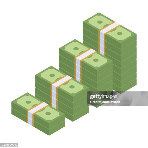 increasing isometric stacks of american dollar bills isolated on a white background - profit, positive growth - bundle stock illustrations
