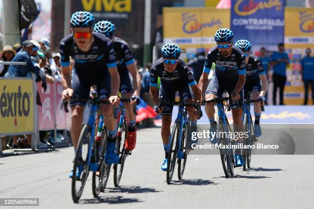 Arrival / Oliver Behringer of Switzerland and Team Novo Nordisk / Sam Brand of United Kingdom and Team Novo Nordisk / Joonas Henttala of Finland and...