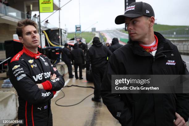 Will Power, driver of the Verizon Team Penske Chevrolet, talks with Scott McLaughlin, driver of the Team Penske Chevrolet, at Circuit of The Americas...