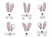 Easter bunny hand drawn, face of rabbits. Ears and muzzle with whiskers, paws. Vector