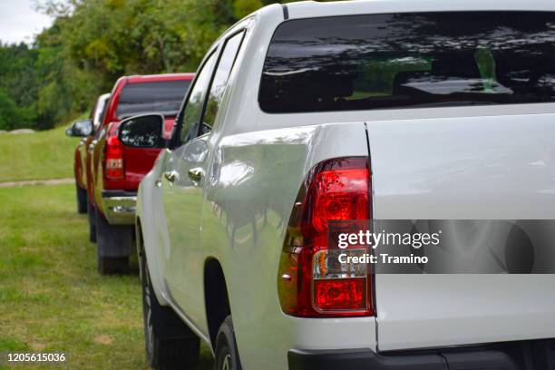 toyota hilux vehicles on a grass - pick up truck back stock pictures, royalty-free photos & images