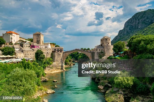 Mostar bridge with blue sky, Mostar, Bosnia and Herzegovina