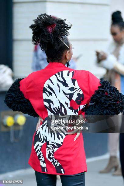Streetstyle shot outside Spring Studios during New York Fashion Week: The Shows - Day 6 at Spring Studios on February 11, 2020 in New York City.