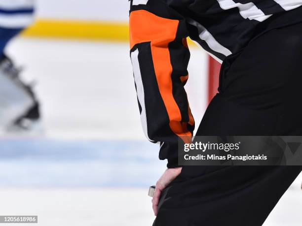 Detailed look at a referee arm band between the Montreal Canadiens and the Toronto Maple Leafs during the second period at the Bell Centre on...