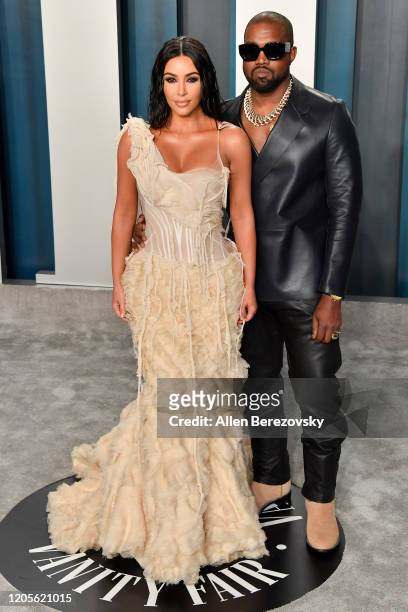 Kim Kardashian West and Kanye West arrive at the 2020 Vanity Fair Oscar Party hosted by Radhika Jones at Wallis Annenberg Center for the Performing...