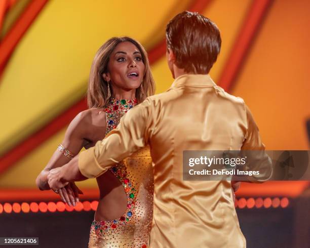 Sabrina Setlur and Nikita Kuzmin looks on during the 2nd show of the 13th season of the television competition "Let's Dance" on March 6, 2020 in...
