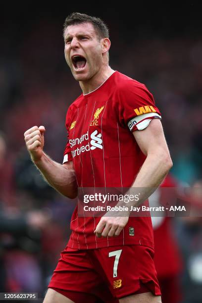 James Milner of Liverpool celebrates at full time during the Premier League match between Liverpool FC and AFC Bournemouth at Anfield on March 7,...