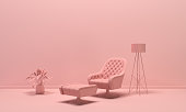 The interior of the room in plain monochrome light pink color with single armchair, floor lamp and decorative vases. Light background with copy space. 3D rendering