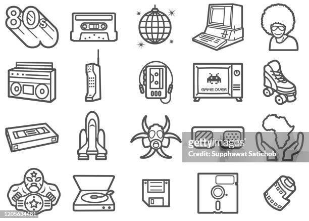 ilustrações de stock, clip art, desenhos animados e ícones de retro 80s line icons set - cassette