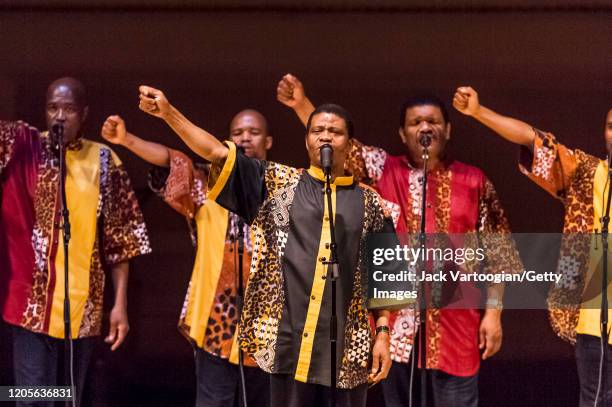 Cappella vocal group Ladysmith Black Mambazo from Durban, South Africa, led by Joseph Shabalala perform songs in Zulu 'Isicathamiya' during their...