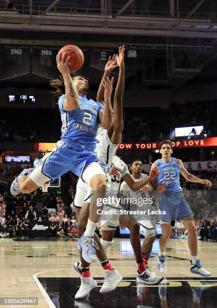 Cole Anthony of the North Carolina Tar Heels drives to the basket against the Wake Forest Demon Deacons during their game at LJVM Coliseum Complex on...