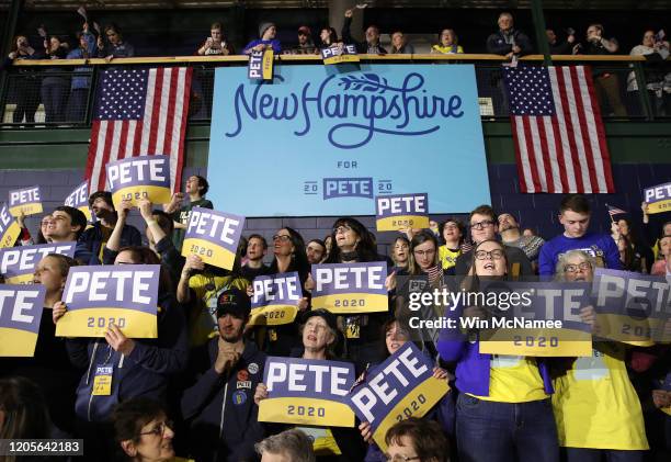 Supporters of Democratic presidential candidate former South Bend, Indiana Mayor Pete Buttigieg watch primary results on a television screen at an...