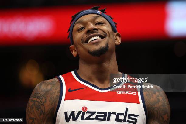 Bradley Beal of the Washington Wizards looks on against the Chicago Bulls during the second half at Capital One Arena on February 11, 2020 in...