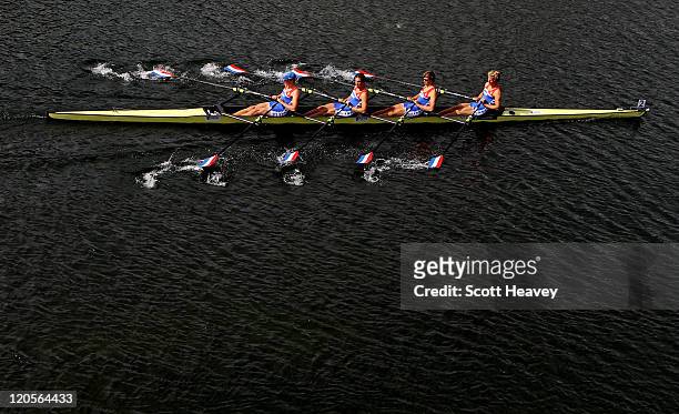 Abe Wiersma, Nicolas Van Sprang, Amos Keijser and Job Heidweller of Holland in action during the Junior Men's Quadruple Sculls on Day Five of the...