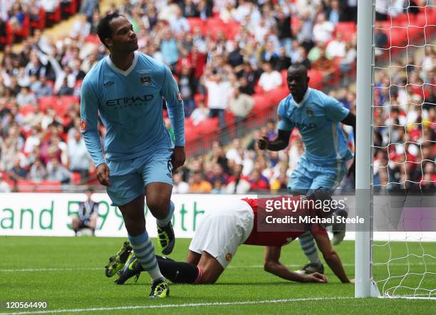 Joleon Lescott of Manchester City as he scores their first goal during the FA Community Shield match sponsored by McDonald's between Manchester City...