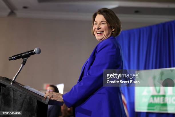 Democratic presidential candidate Sen. Amy Klobuchar speaks on stage during a primary night event at the Grappone Conference Center on February 11,...