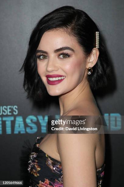 Lucy Hale attends the premiere of Columbia Pictures' "Blumhouse's Fantasy Island" at AMC Century City 15 on February 11, 2020 in Century City,...