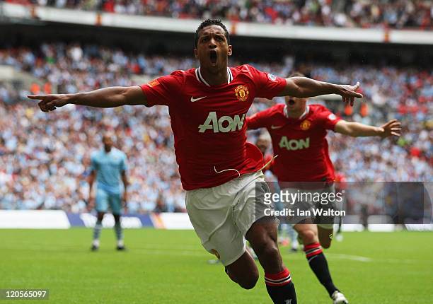 Nani of Manchester United celebrates scoring the equalising goal during the FA Community Shield match sponsored by McDonald's between Manchester City...