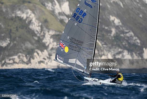 Ben Ainslie of Great Britain in action during a Finn Class race during day six of the Weymouth and Portland International Regatta at the Weymouth and...