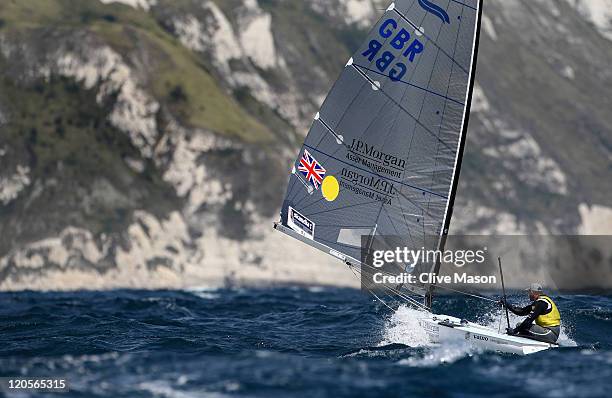 Ben Ainslie of Great Britain in action during a Finn Class race during day six of the Weymouth and Portland International Regatta at the Weymouth and...