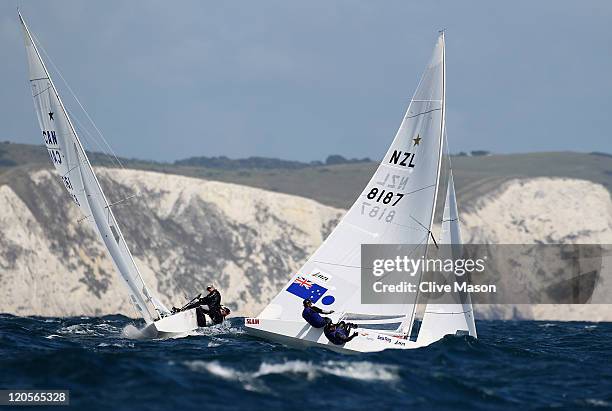 Hamish Pepper and Craig Monk of New Zealand in action a Star Class race during day six of the Weymouth and Portland International Regatta at the...