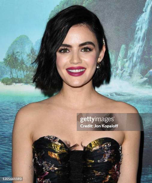 Lucy Hale attends the premiere of Columbia Pictures' "Blumhouse's Fantasy Island" at AMC Century City 15 on February 11, 2020 in Century City,...