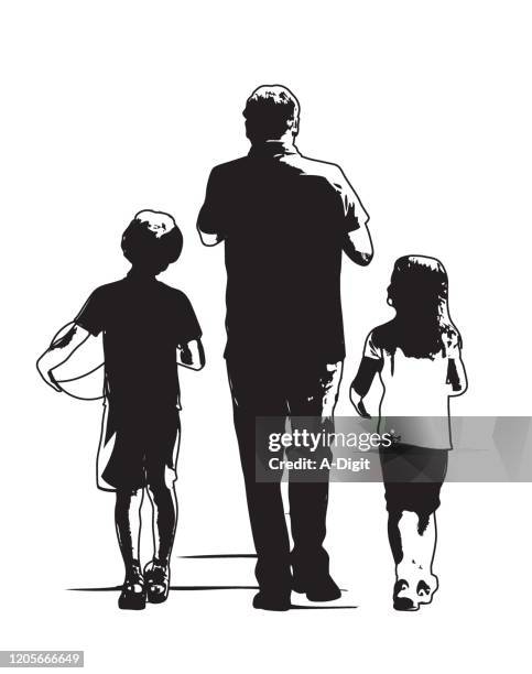 dad and two kids walking away - father son admiration stock illustrations