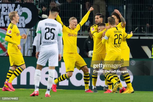 Thorgan Hazard of Borussia Dortmund celebrates after scoring his team's first goal with teammates during the Bundesliga match between Borussia...