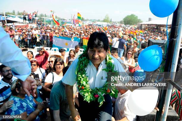 Bolivia's ex-President Evo Morales arrives for a visit at the Feria del Trueque in Maipu, Greater Mendoza, Argentina, on March 7, 2020 before meeting...