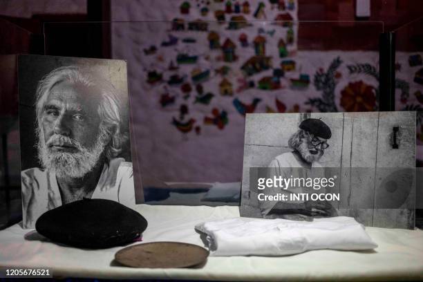 Pictures and objects of Nicaraguan late poet Ernesto Cardenal are on display before a mass in his honour in Solentiname, Rio San Juan, Nicaragua, on...