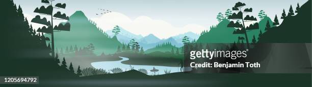 illustrazioni stock, clip art, cartoni animati e icone di tendenza di lago con kayak in una pineta e montagne al panorama del tramonto - parco nazionale