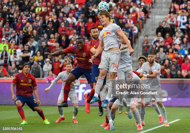 Tom Barlow of New York Red Bulls attempts to head the ball during a game against Real Salt Lake at Rio Tinto Stadium on March 7, 2020 in Sandy, Utah.