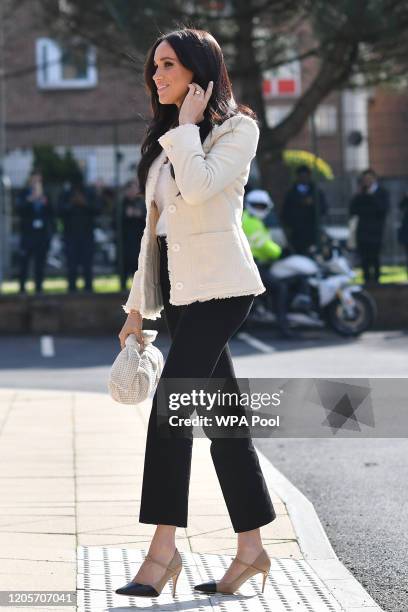 Meghan, Duchess of Sussex visits the the Robert Clack Upper School in Dagenham to attend a special assembly ahead of International Women’s Day held...