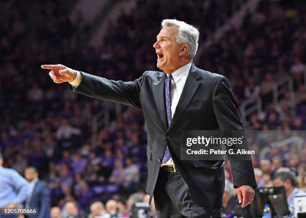 Head coach Bruce Weber of the Kansas State Wildcats calls out instructions during the first half against the Iowa State Cyclones at Bramlage Coliseum...