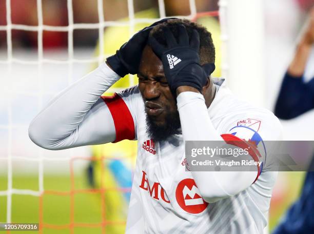 Jozy Altidore of Toronto FC reacts during the second half of an MLS game against New York City FC at BMO Field on March 07, 2020 in Toronto, Canada.