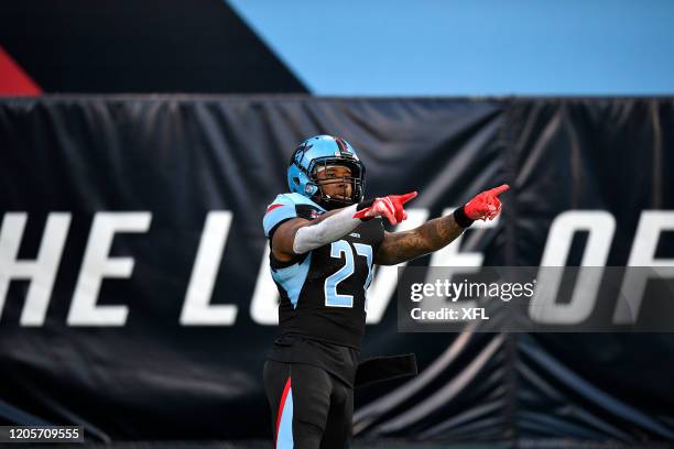 Austin Walter of the Dallas Renegades celebrates after a kick return touchdown during the XFL game against the New York Guardians at Globe Life Park...