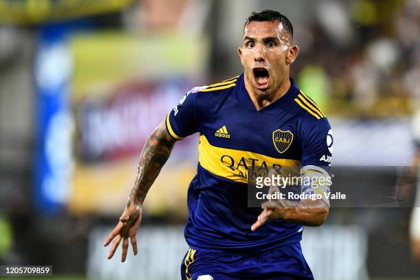Carlos Tevez of Boca Juniors celebrates after scoring the first goal of his team during a match between Boca Juniors and Gimnasia as part of...