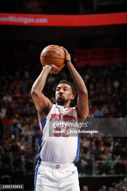 Jordan McRae of the Detroit Pistons shoots a free throw during the game against the Utah Jazz on March 7, 2020 at Little Caesars Arena in Detroit,...